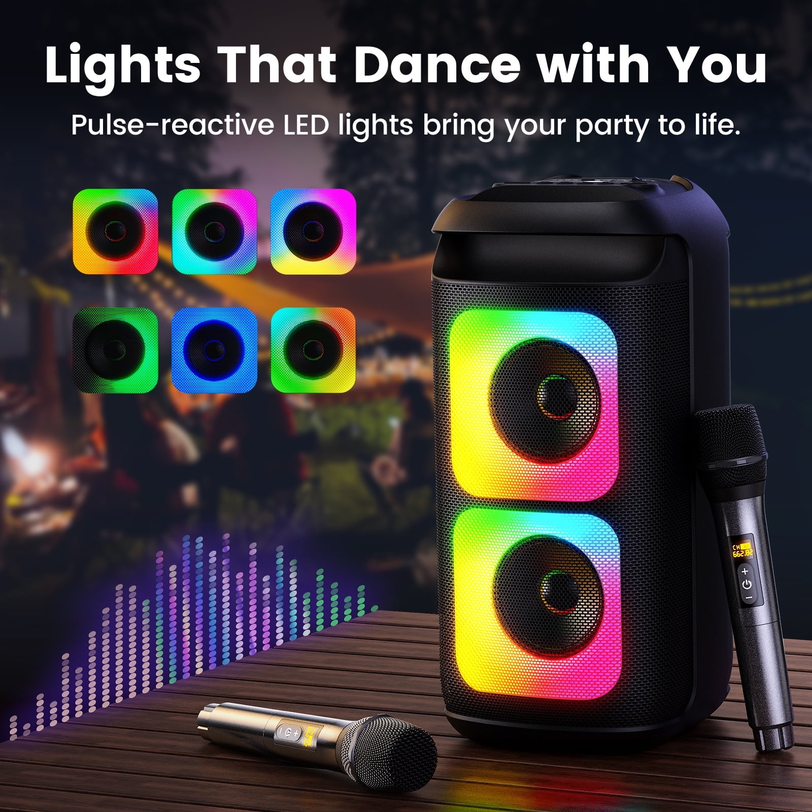 FanFun Bluetooth Speaker with 2 Microphones, Portable Speaker with LED Lights for Party, Powerful Sound, Deep Bass