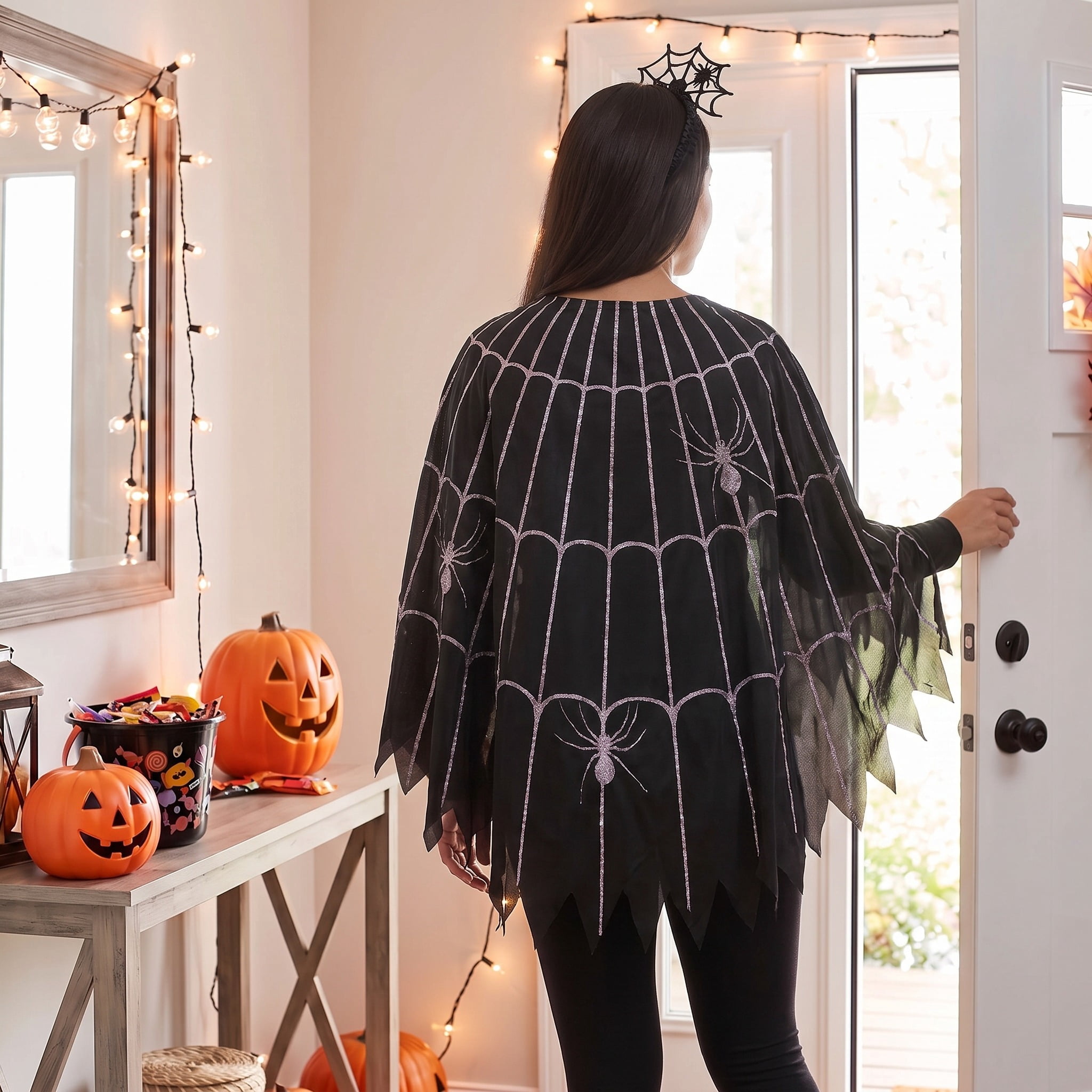 Spiderweb Poncho Costume Accessory Set for Adults, Black and Silver, S-XL, 2 Pieces, Halloween by Way To Celebrate