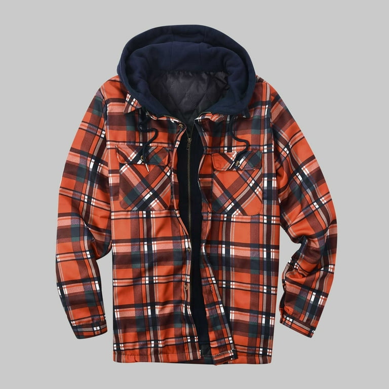 YYDGH Men's Flannel Plaid Shirt Jacket Winter Warm Long Sleeve Quilted  Lined Plaid Drawstring Coats Soft Button Down Thick Shirts with Hood Orange  S