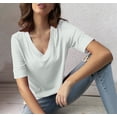 thumbnail image 6 of Womens Going Out Tops Casual V-Neck Cuffed Elbow-Length Sleeve Tshirts Loose Ribbed Knitted Solid Color Soft Basic Pullover Blouses Tees, 6 of 8