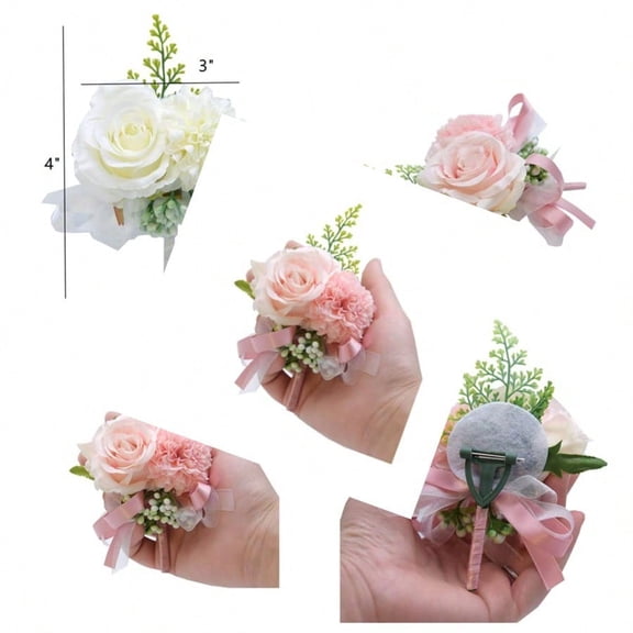 2 Pack Flower Wrist Corsage Boutonniere Set3" Artificial Rose Carnation Wrist Corsage and Men Boutonniere Set DIY Silk Flower for Wedding Flowers Accories Prom Suit Decor Pink