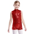 thumbnail image 2 of dPois Combinaison Sans Manches à Sequins Patchwork pour Filles Patinage Artistique Body Shorts Rouge Unitard 16, 2 of 4