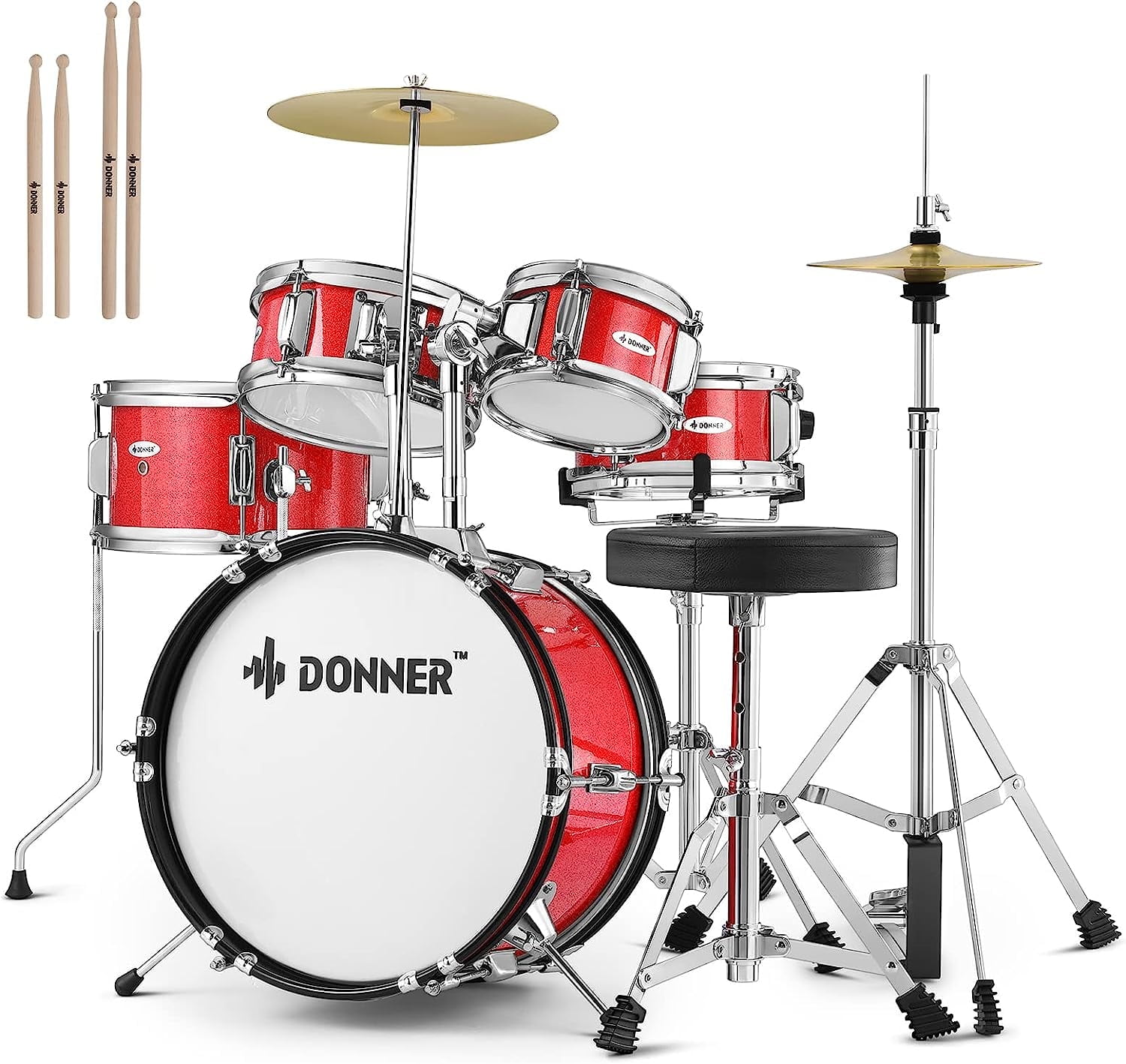 Donner 5-Piece 14 Inch Kids Drum Set in Metallic Red