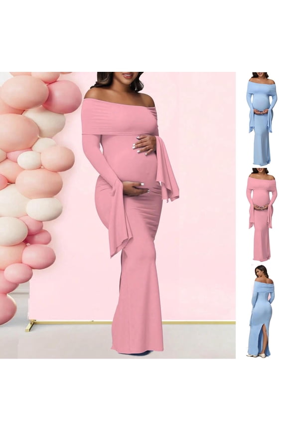 Women's Maternity Long Sleeve off Shoulder Pregnancy Photography Dress Stretch Gown for Baby Shower Photoshoot Party Blue M