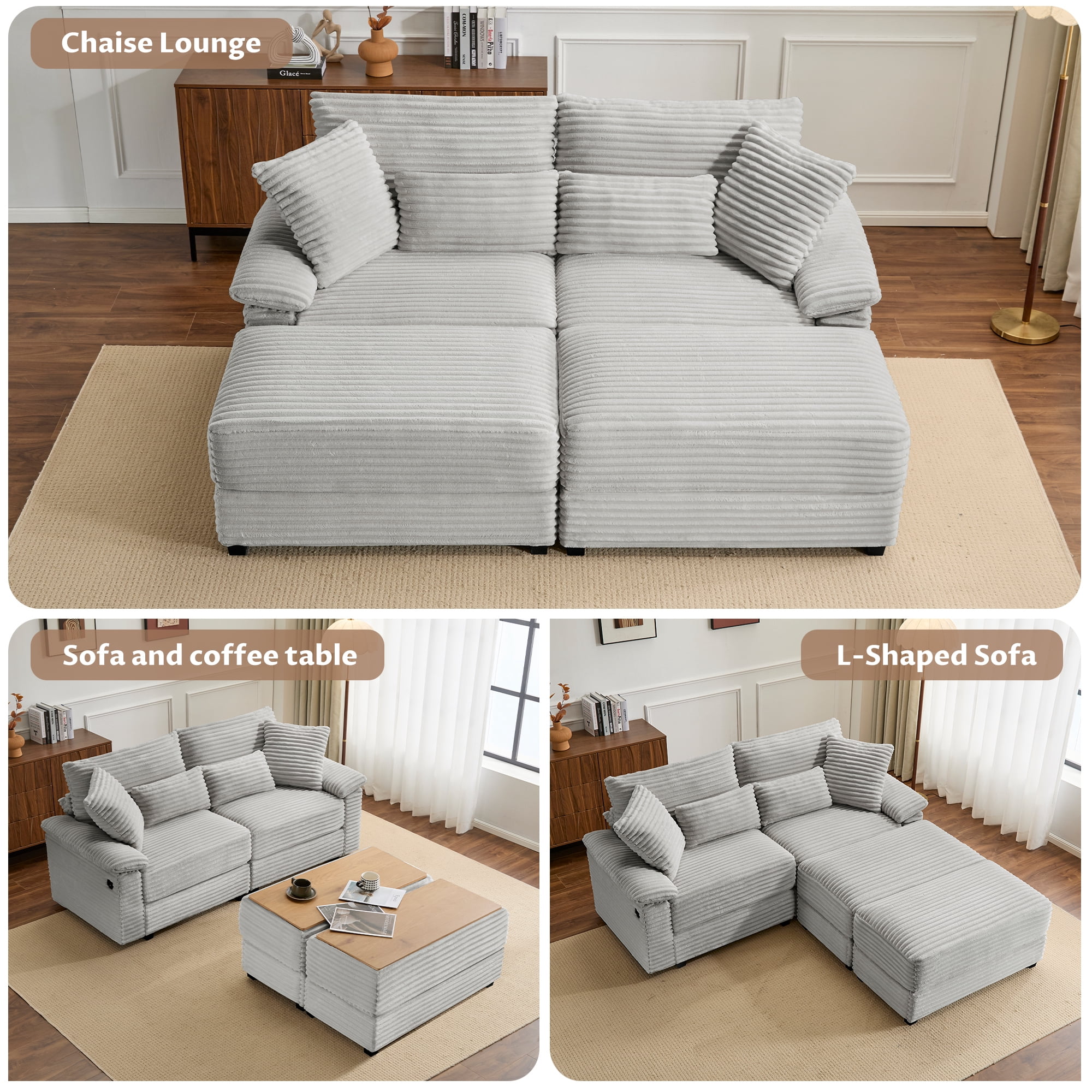 Alvantor 74" Sofa Loveseat with Reversible Ottoman & USB Port Corduroy Chaise Couch for Living Room Gray
