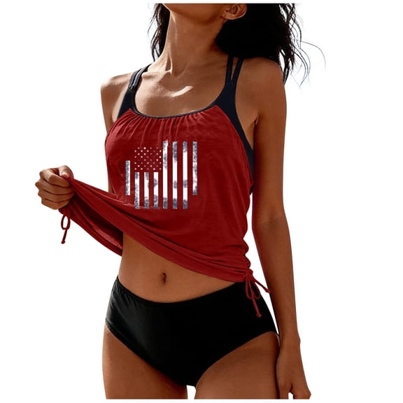 Wyobmus Womens Tankini Swimsuits Tummy Control Two Piece Bathing Suits U.S.A Flag Printed Tank Top Cheeky Swimwear Watermelon Red