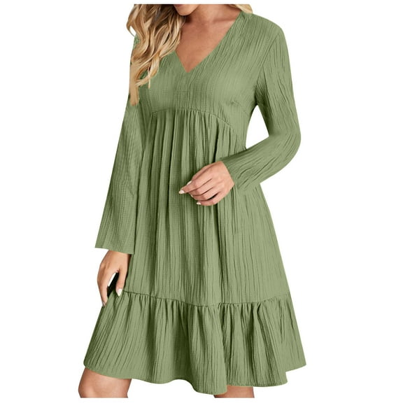 Yyeselk Womens Long Sleeve Casual Dresses V Neck Loose Solid Color Ruched Comfy Swing Empire Waist Ruffle Hem Flowy Knee Length Dress Green S
