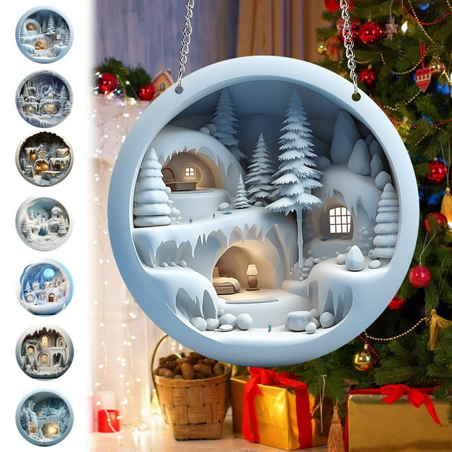 Decoraciones navideñas redondas de acrílico - Cartel colgante de casa de nieve en el bosque con cuerda, decoración de pared de 20x20 cm para árbol navideño y repisa