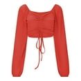 thumbnail image 4 of DuoJiaJ Women Casual Solid Color Blouse Drawstring Balloon Sleeve Skinny Cropped Long Sleeve Top Women’s Summer Tops Red, 4 of 5