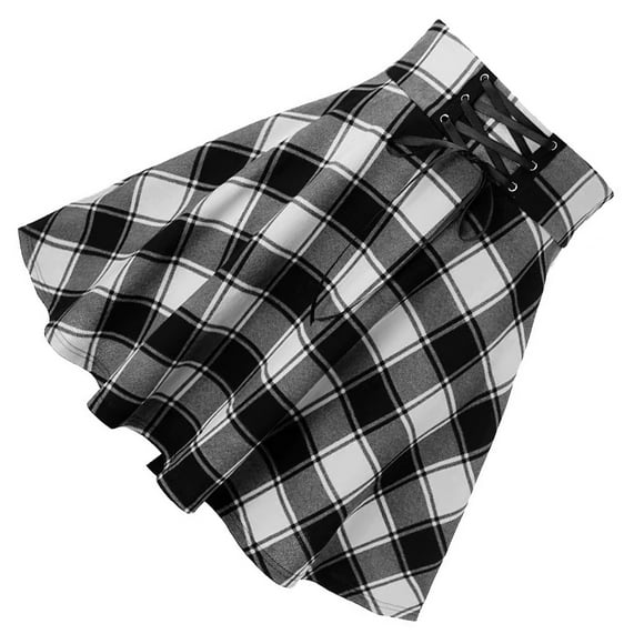 letairis Women Plaid Short Skirt Pleated Bottom Swing Corset Spring Autumn Punk Style Clubwear Vintage Drawstring Dress Black 2XL