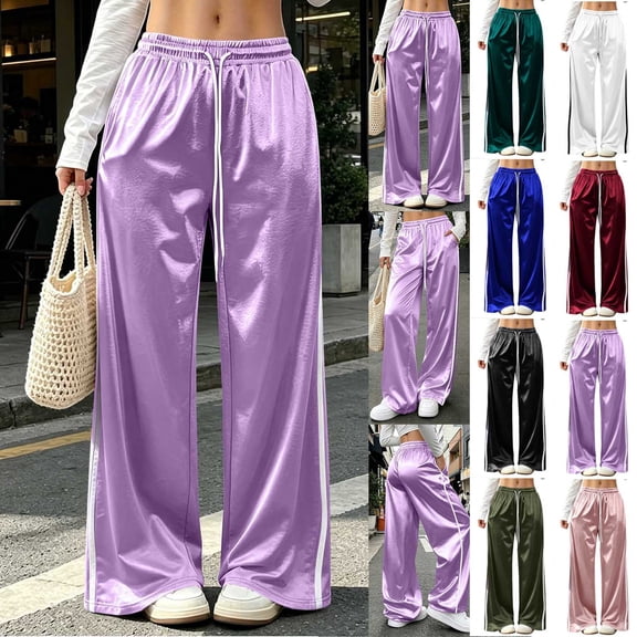 Kojanyu Women's Satin Wide Leg Drawstring Sweatpants Elastic High Waist Loose Pants Casual Lounge Trousers with Side Pockets
