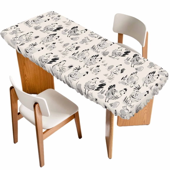 Vintage Rooster Farmhouse Table Cloths for 8 Foot Rectangle Tables, Grey Farm Animals Patio Waterproof Elastic Fitted Tablecloths, Washable Rectangular Table Cover for Camping