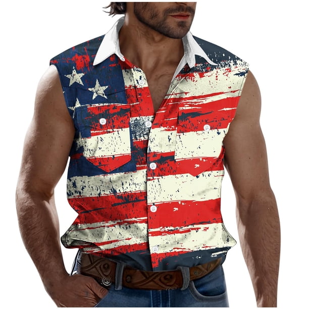 Camisas de Cuello para Hombres, Moda Casual Día de la Independencia Imprimir Turndown Bolsillos sin Mangas Tanque Deportivo