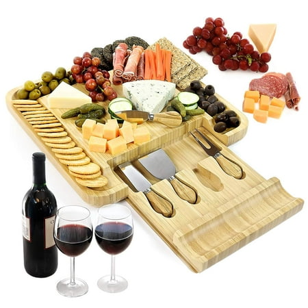 Vistal Cheese Board with Knife and Server Set, Wood Charcuterie Platter and Meat Board with Slide-Out Drawer with Four Stainless Steel Knives and Server Set. Perfect Gift (Best Cheese Platter Ideas)
