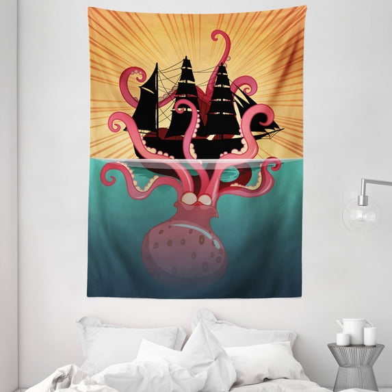 Kraken Decor Tapestry, Coral Sea Monster Sinking the Boat Retro Myths Ocean Folk Stories Inspired Artwork, Wall Hanging for Bedroom Living Room Dorm Decor, 60W X 80L Inches, Multi, by Ambesonne
