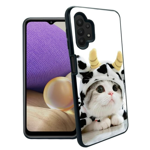 ANJ+ Slim Dual Layer Hybrid Shockproof Case + Tempered Glass Cover for Samsung Galaxy A32 5G - Kitten in Cow Costum