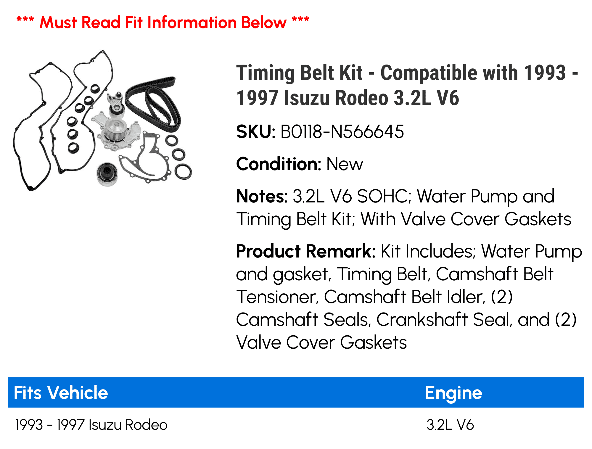 Timing Belt Kit - Compatible with 1993 - 1997 Isuzu Rodeo 3.2L V6 1994 1995 1996