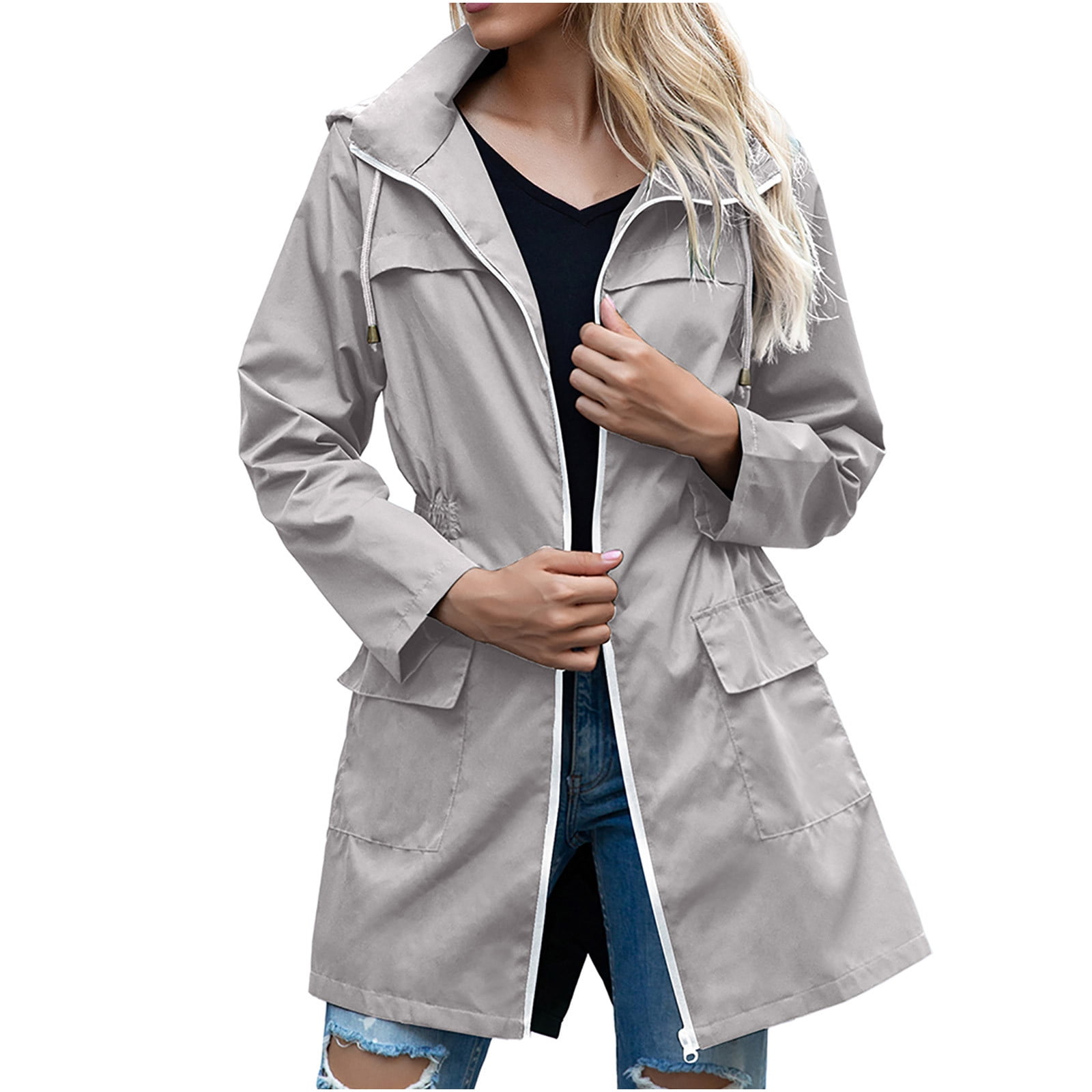 Veste Femme Imperméable à Capuche Manteau Coupe-Vent Outdoor Respirant Manteau Manches Longues Automne Hiver Blousons Vêtements D'Extérieur Cordon De Serrage Outdoor Veste De Pluie Pour (01 Grey, S