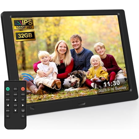 10.1 Inch Digital Picture Frame with Free 32GB USB Flash Drive 1920x1080 HD IPS Screen Digital Photo Frame Motion Sensor Video Music Share Moments via SD Card or USB with Remote Control