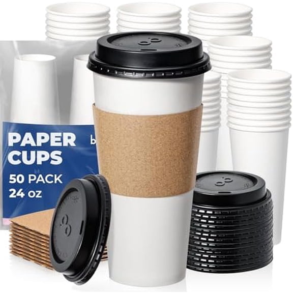 24 oz 50 Pack To Go Coffee Cups with Lids and Sleeves, Disposable Paper Coffee Cups with Lids for Hot/Cold Beverage
