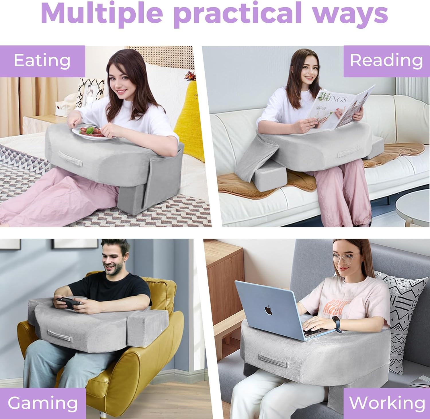 Reading Pillow for Lap, Armrest Gaming Pillow for Working, Hight Adjustable Lap Desk Pillow for Adult Sitting in Bed Sofa Floor (Light Grey)