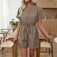 thumbnail image 6 of Sokhug Short Sleeve Romper for Women V Neck with Smocked Waist Drawstring Casual Denim Look Jumpsuit, 6 of 8