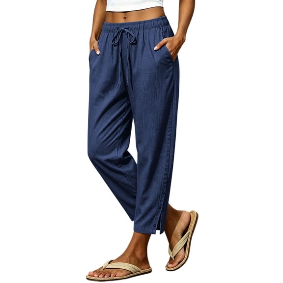 Womens Cotton Linen Pants Tapered Elastic High Waist Drawstring Ankle Baggy Summer Casual Pants with Pockets