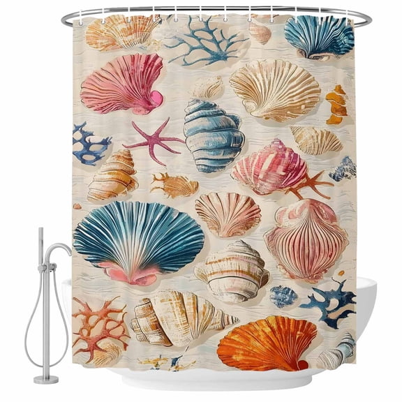 Xipuska Coastal Shell Shower Curtain - Water Repellent Fabric Shower Curtains Washable, Summer Nautical Shell Beach Starfish Decorative Polyester Cloth Bathroom Curtains Modern Bath Decor 36"x72"