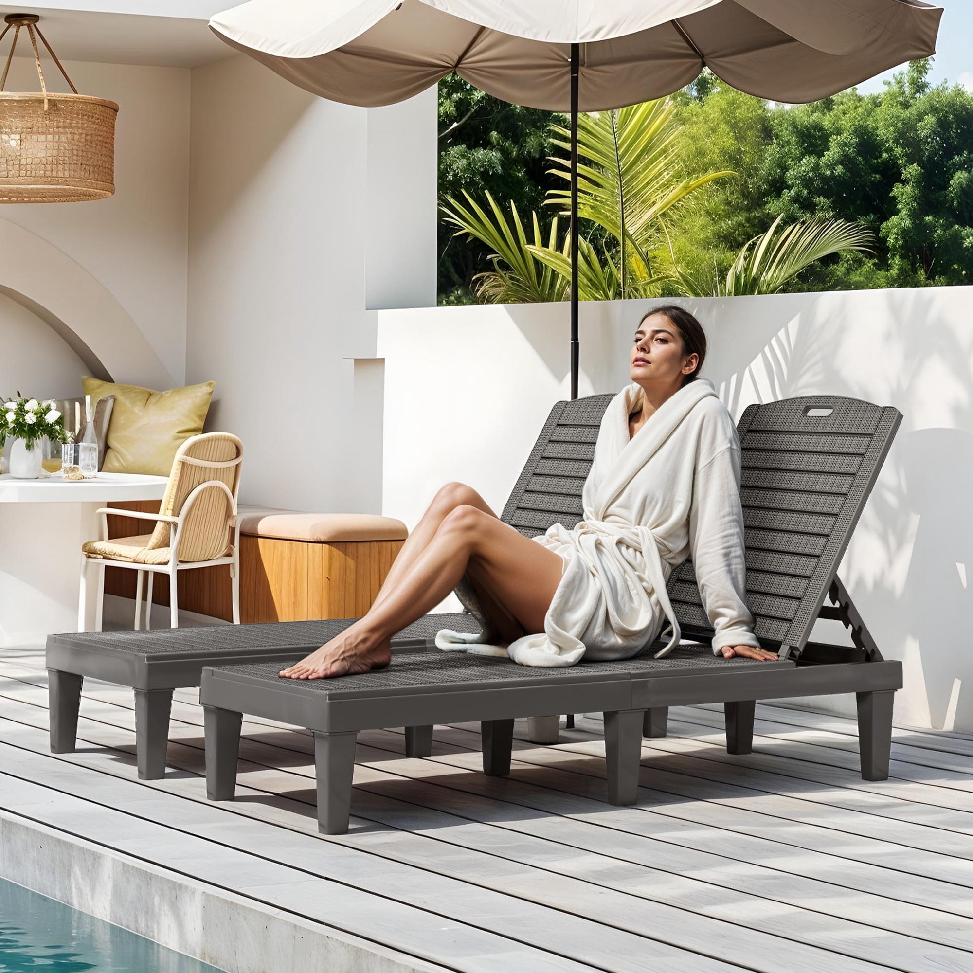Uforic 2-Piece Outdoor Chaise Lounge Chairs, 5-Position Adjustable Backrest Waterproof Plastic Pool Loungers, Easy Assembly Patio Recliners for Backyard, Poolside and Garden, Gray