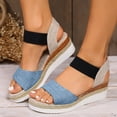 thumbnail image 3 of Rokment Women's Beach Platform Wedge Dressy Sandals Comfortable Breathable Color Block Linen Elastic Ankle Strap Espadrilles Walking Sandals Casual Chunky High Heel Dress Summer Shoes Blue Size 9.5, 3 of 7