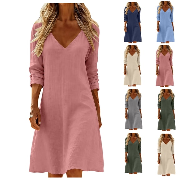 Bixock Casual Dresses for Women V Neck Mid Sleeved Pleated Cotton Linen High Waist A Line Summer Dresses for Women Beach Vacation Midi Dresses