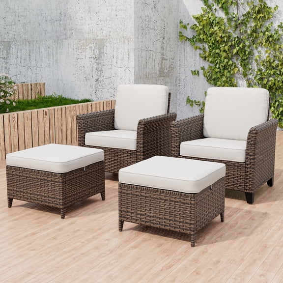 INTER HUT 4PCS Outdoor Patio Wicker Bistro Sets with Ottoman, Rattan Conversation Furniture for Porch, Backyard, Deck, Poolside, Garden, Beige