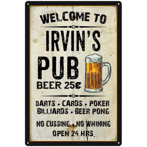 IRVIN'S Pub Sign Vintage Man Cave Bar 8 x 12 High Gloss Metal 208120028476