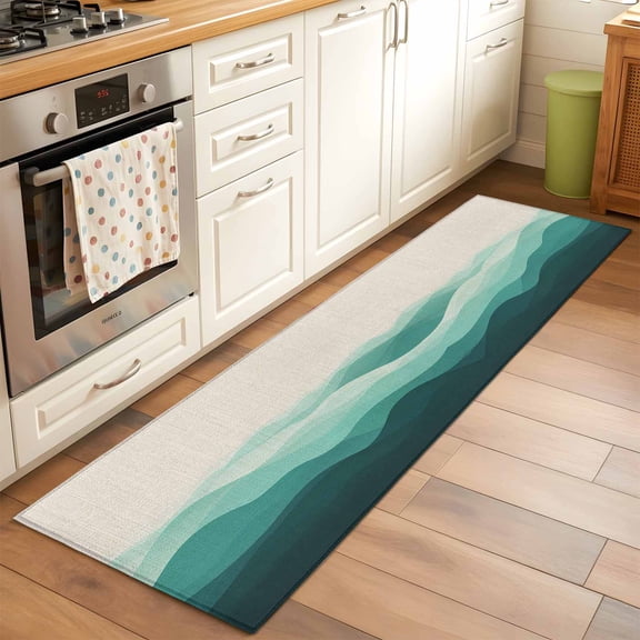 2'x6' Rug Runners for Hallways Kitchen, Teal Beige Ombre Non Slip Entryway Beside Floor Carpet Runner, Minimalist Ocean Waves Linen Washable Laundry Room Bedroom Throw Rugs Mat for Family Pet