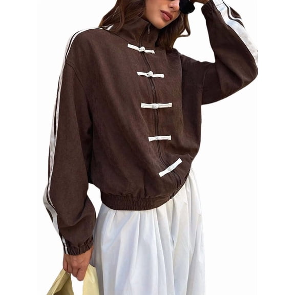 Women'S Frog Button Stand Collar Zip-Up Striped Cropped Track Jacket Brown XL
