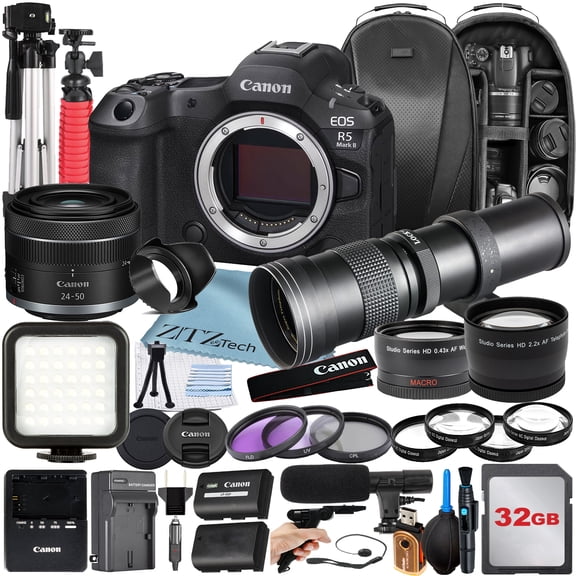 Canon EOS R5 Mark II Mirrorless Camera with RF 24-50mm   420-800mm Super Telephoto Zoom Lens   32GB SanDisk Memory Card   Backpack   Tripod   ZeeTech Accessory Bundle (International Version)