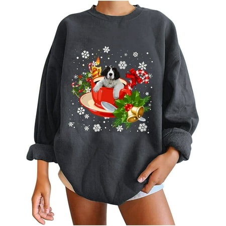 

Womens Crewneck Sweatshirt Long Casual Cute Doggy Print Pullover Solid Long Sleeve Sweatshirts Blouse