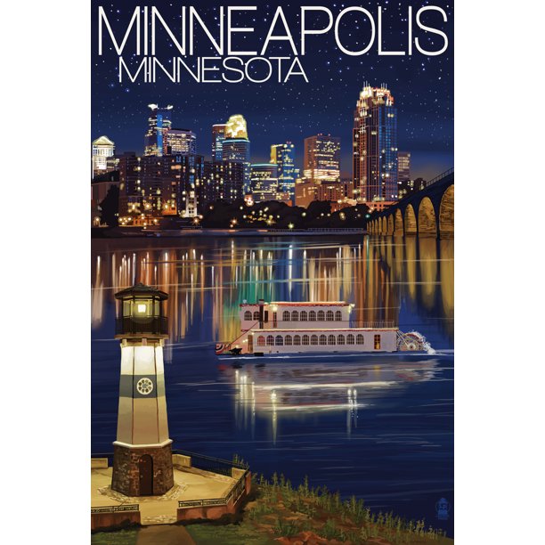 Minneapolis, Minnesota, Skyline at Night (24x36 Giclee Gallery Art