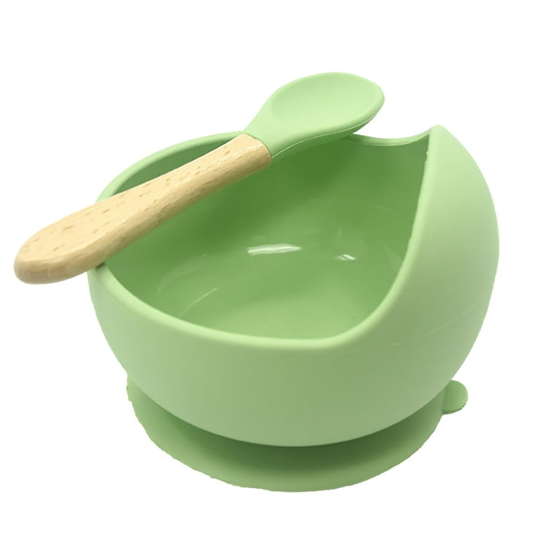 Grofry Baby Silicone Spoon Bowl Set with Suction Cup Eating Training Anti-Slip Dinnerware for Children, Green