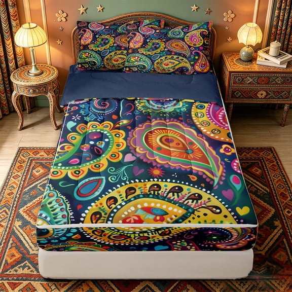 jejeloiu Colorful Paisley Zipper Twin Comforter Sets with Fitted Sheet and 2 Pillowcases For Men Women,Bohemian Pattern Zipper Bedding Set,Dark Multi,Navy Blue Reversible,4-Piece