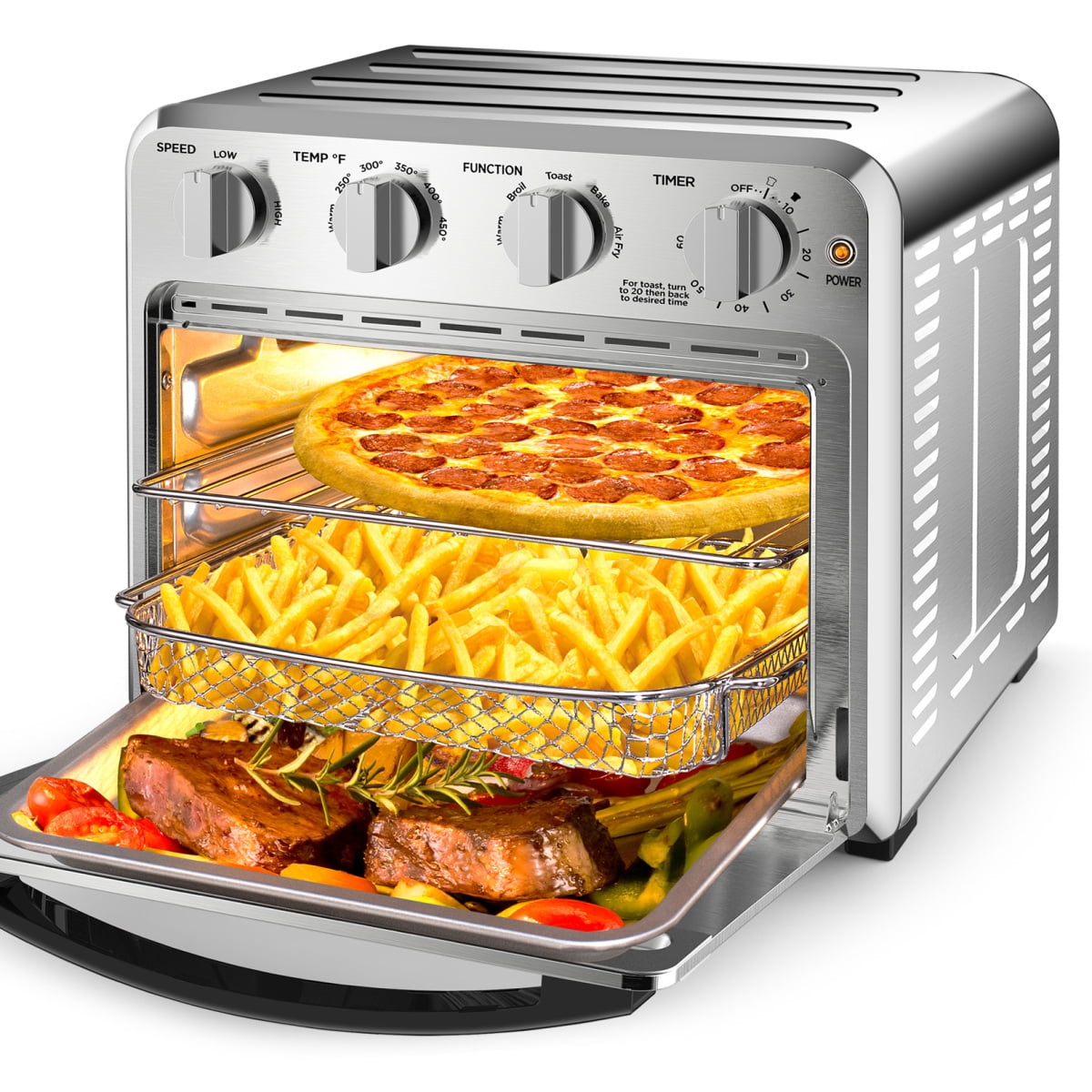 YINGYUE 16QT Air Fryer Toaster Oven Combo, 4 Slice Convection Oven with 5 Cooking Functions, 1400W Stainless Steel Countertop Air Fry Oven with Full Accessories, Silver