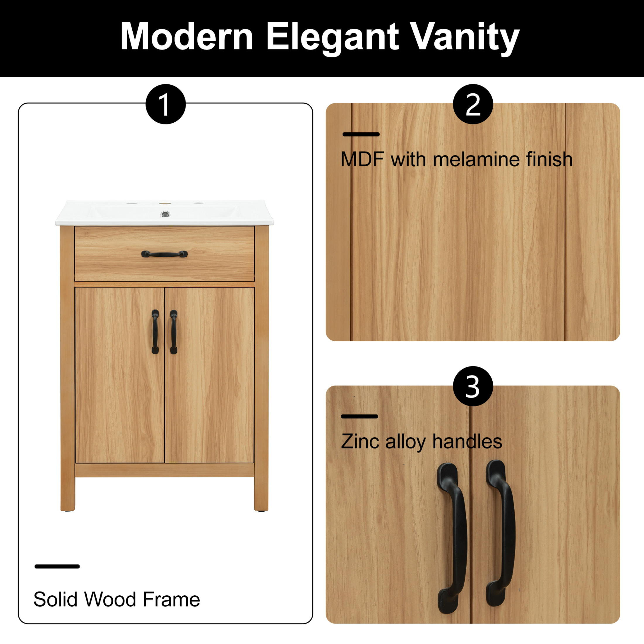 Noble House 24" Bathroom Vanity with Ceramic Sink, Flip Drawer, Soft Close Doors, Adjustable Shelf, Wood Finish