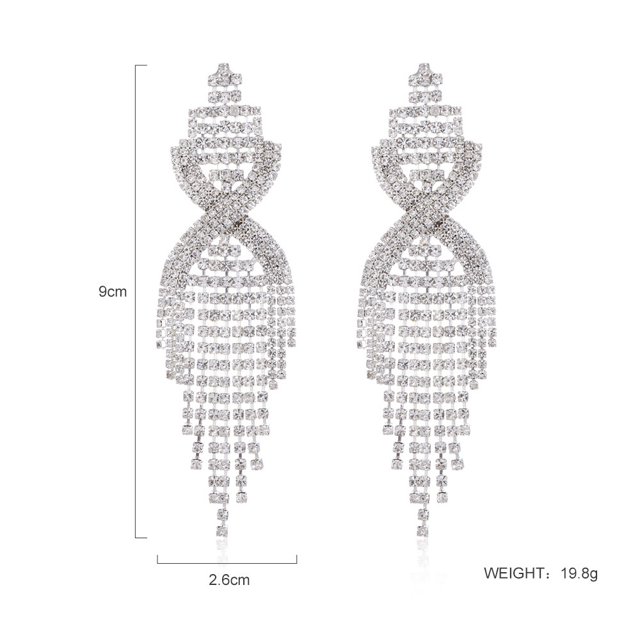 Pendientes largos con borlas incrustadas de diamantes de moda europea y americana, pendientes largos con borlas de diamantes con clip de cadena exagerado, pendientes de diamantes con destellos
