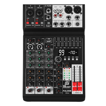 Audio Mixer 4 Channel Sound Mixer Console, Professional Music Mixing Board DJ Mixer w/ 99 DSP, 7-band EQ, USB, Bluetooth, 48V Phantom Power & PAD Function for Recording PA Live Live Streaming