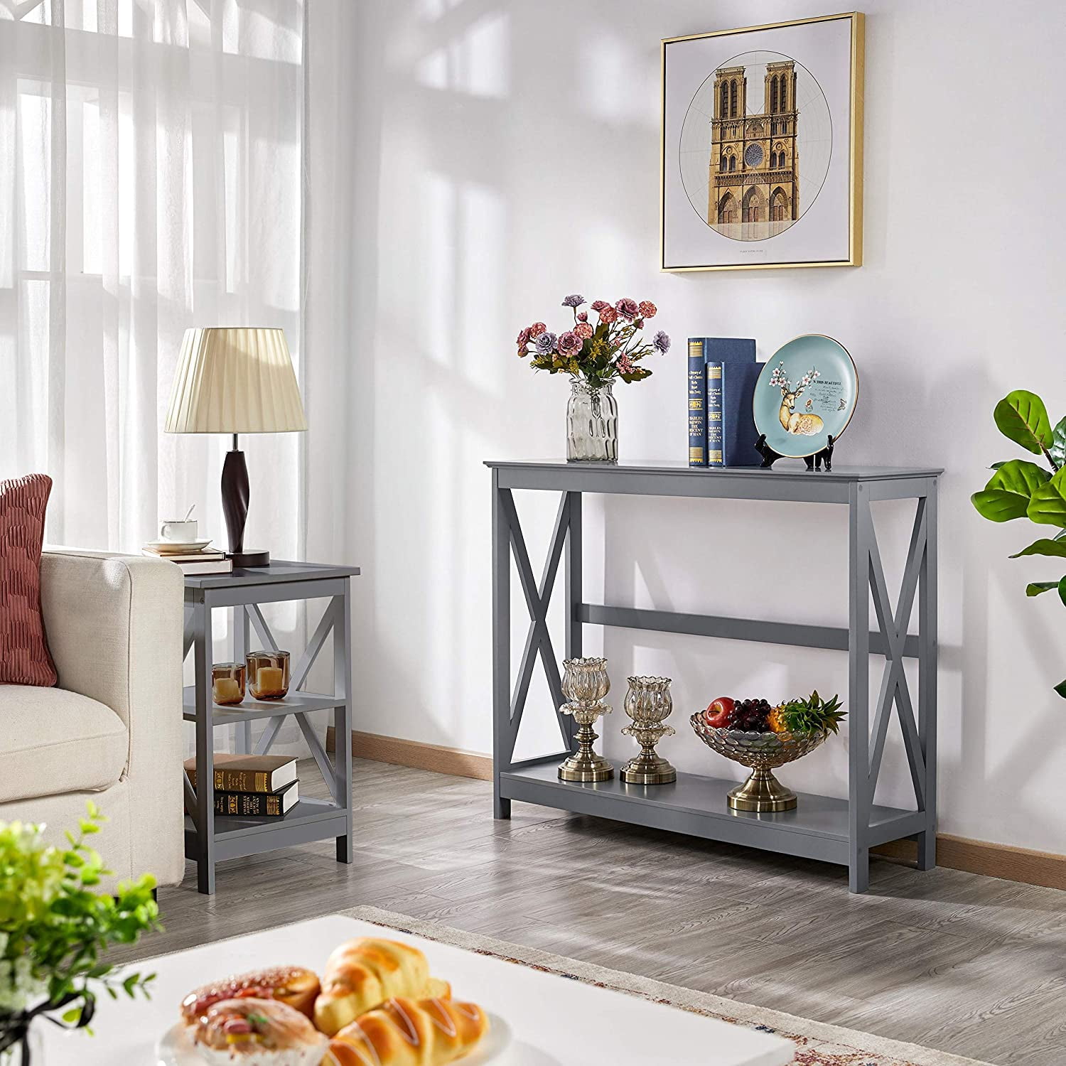 NIUMU Console Table for Entryway, 2 Tier Narrow Sofa Table Bookshelf Accent Tables w/Storage Shelf, Living Room Entry Hall Foyer Tables Furniture, Grey