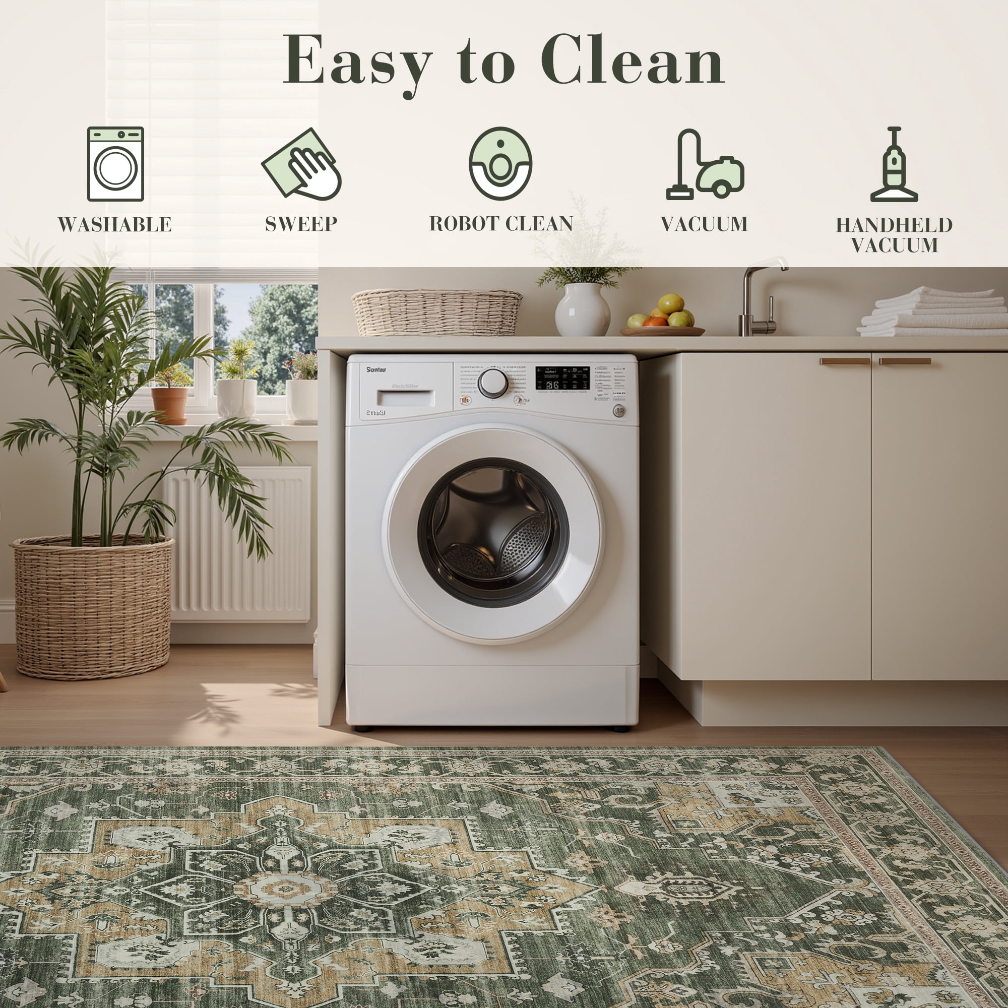 SIXHOME 9'x12' Rugs for Living Room Washable Traditional Distressed Soft Carpet Large Area Rug Retro Floral Indoor Throw Rug for Bedroom Dining Room Vintage Green