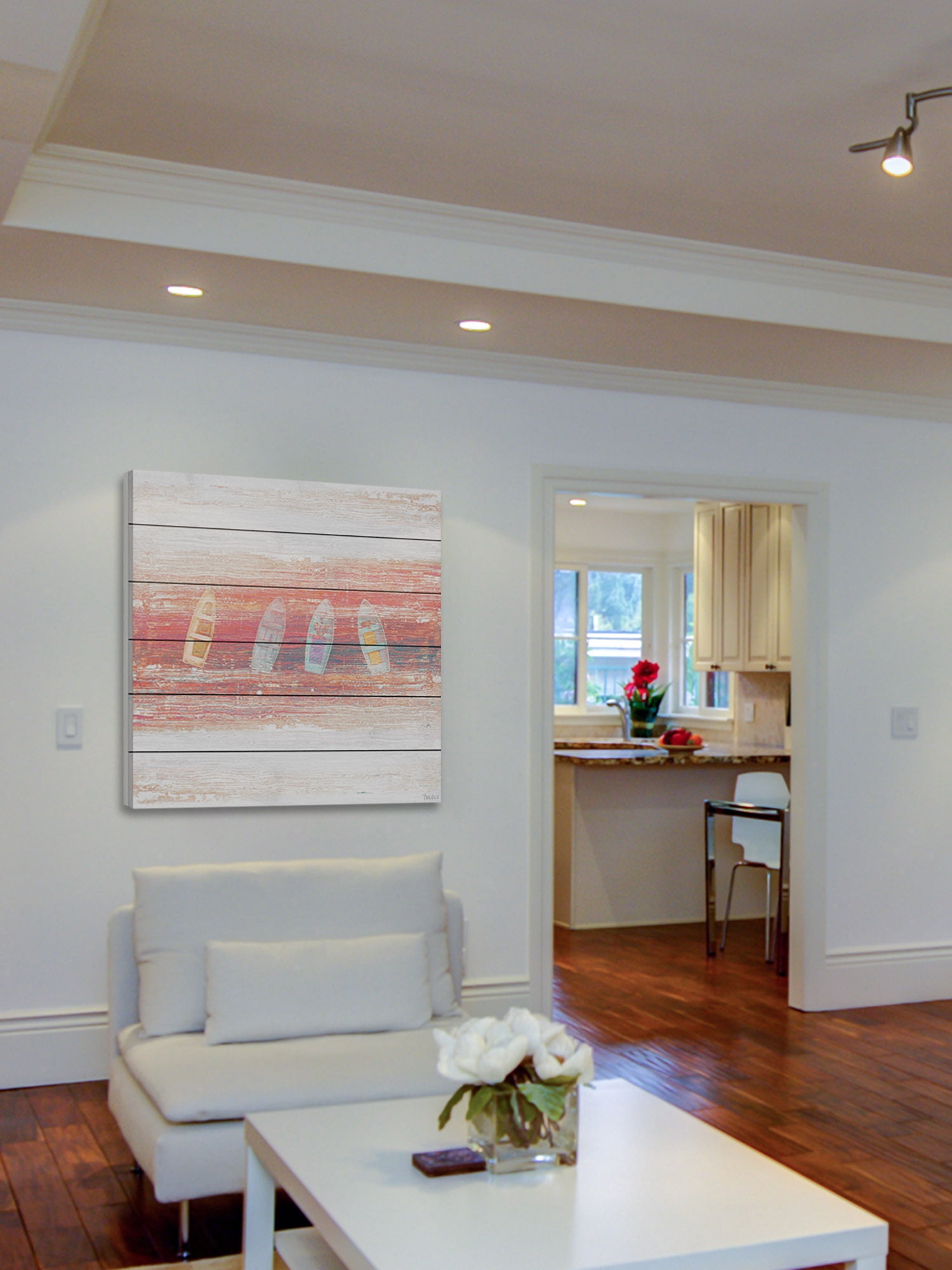 "Four Small Boats" Painting Print on White Wood