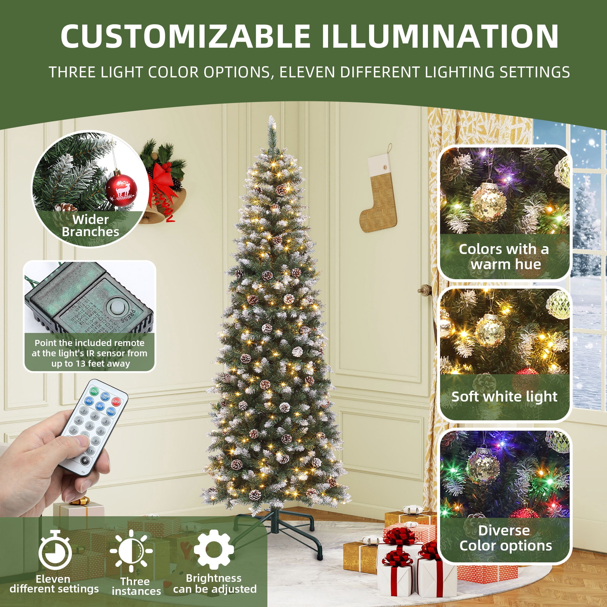 Uforic 6 ft Prelit Flocked Artificial Christmas Tree with 618 Tips & 250 Warm-white Lights, Remote Control, Green
