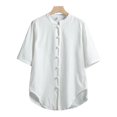 thumbnail image 2 of Men Shirt Stand Collar Solid Color Cotton Linen Blouse Short Sleeve Button Top, 2 of 11