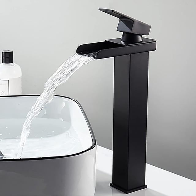 Grifo mezclador de cascada para lavabo alto, negro mate, rectangular, ajustable, cuadrado, para lavabo de encimera, mezclador para lavabo de mano, acero inoxidable, antioxidante, sin plomo